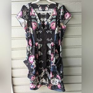 City Chic Zip Front Black Floral Tunic Dress  With Pockets Plus Size 14 XS